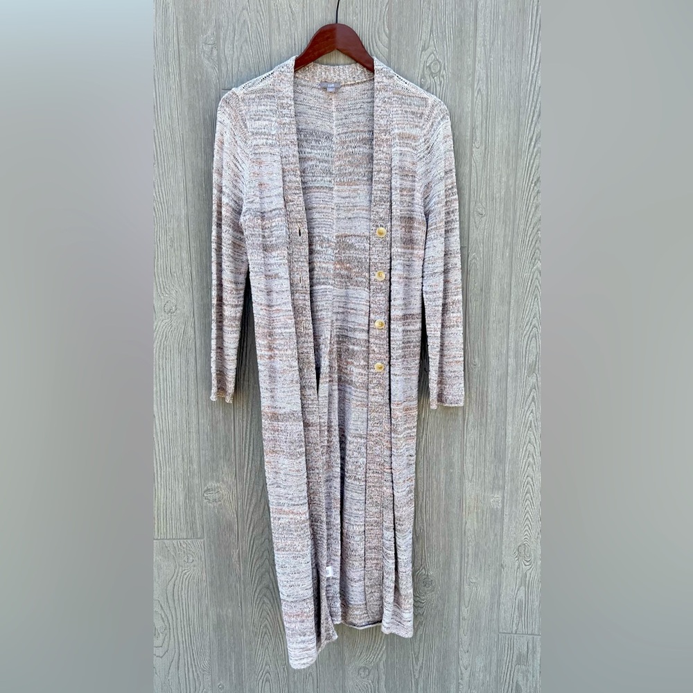 J. Jill Longline Duster Cardigan Beige Open Front Lightweight Linen Blend Small